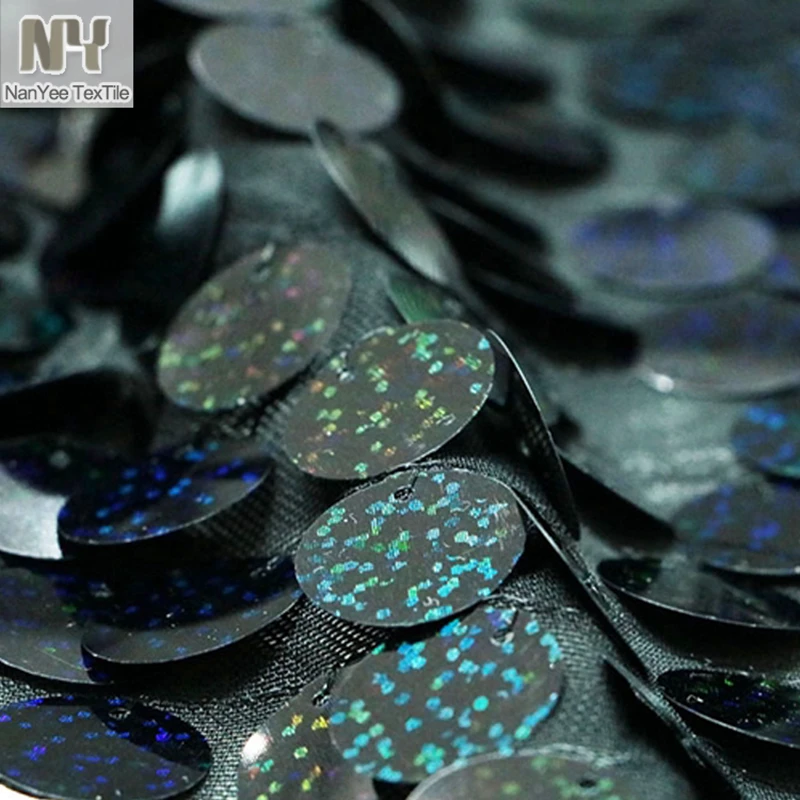 On Sale Big Coin Cheap Dot 18mm Black Hologram Sequins Mesh Fabric Stretch Power Net Holographic For Decoration