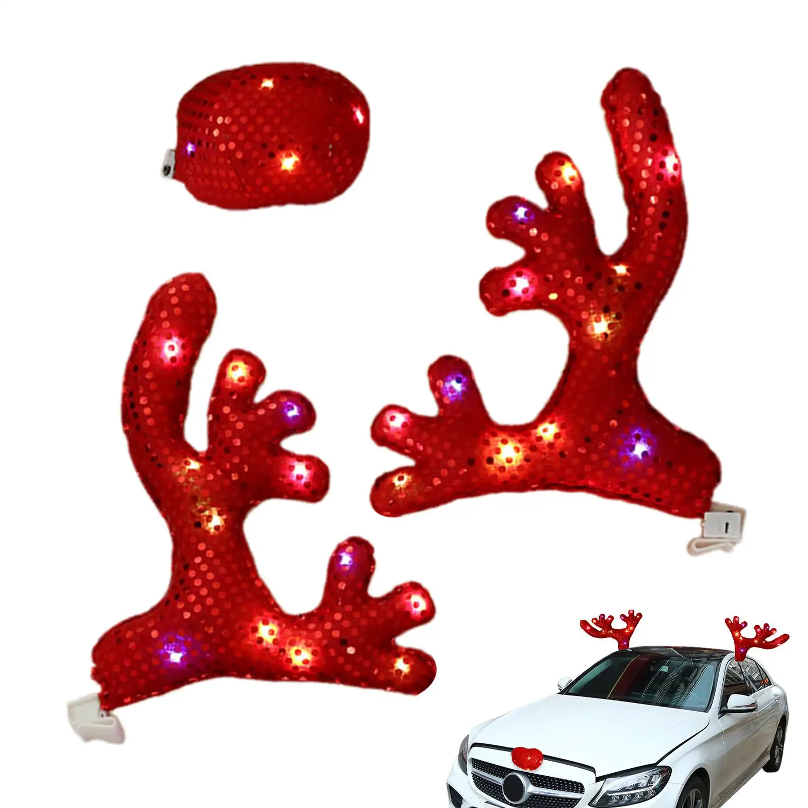 Christmas Antlers Car Decoration LED Christmas Car Reindeer Antlers with nose Christmas Vehicle Display Decoration For New Year