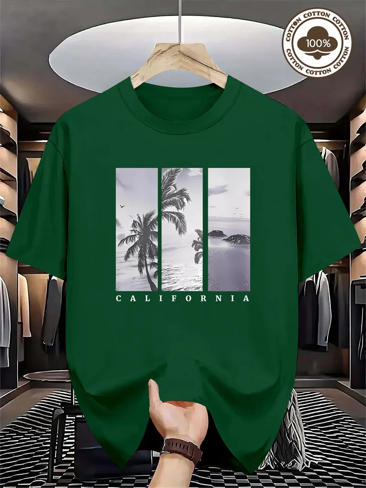 تي شيرت رجالي مطبوع عليه شجرة النخيل في كاليفورنيا ونمط المحيط من القطن الخالص بأكمام قصيرة، بلوفر صيفي كاجوال برقبة دائرية S-2XL