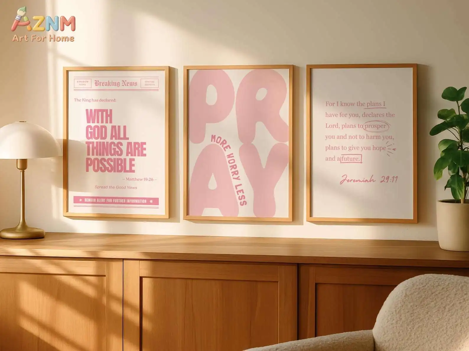 Set of 3 Light Pink Girly Christian Wall Art Pray More Worry Less Poster Preppy Aesthetic Bible Verse Poster