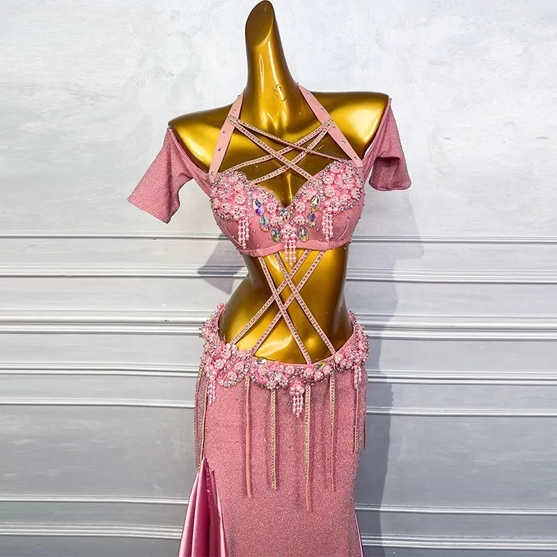 Costume de danse du ventre personnalisé, robe de spectacle pour femmes, nouvel ensemble de danse orientale, vêtements de danse exotiques, hauts roses, jupe longue, 2025