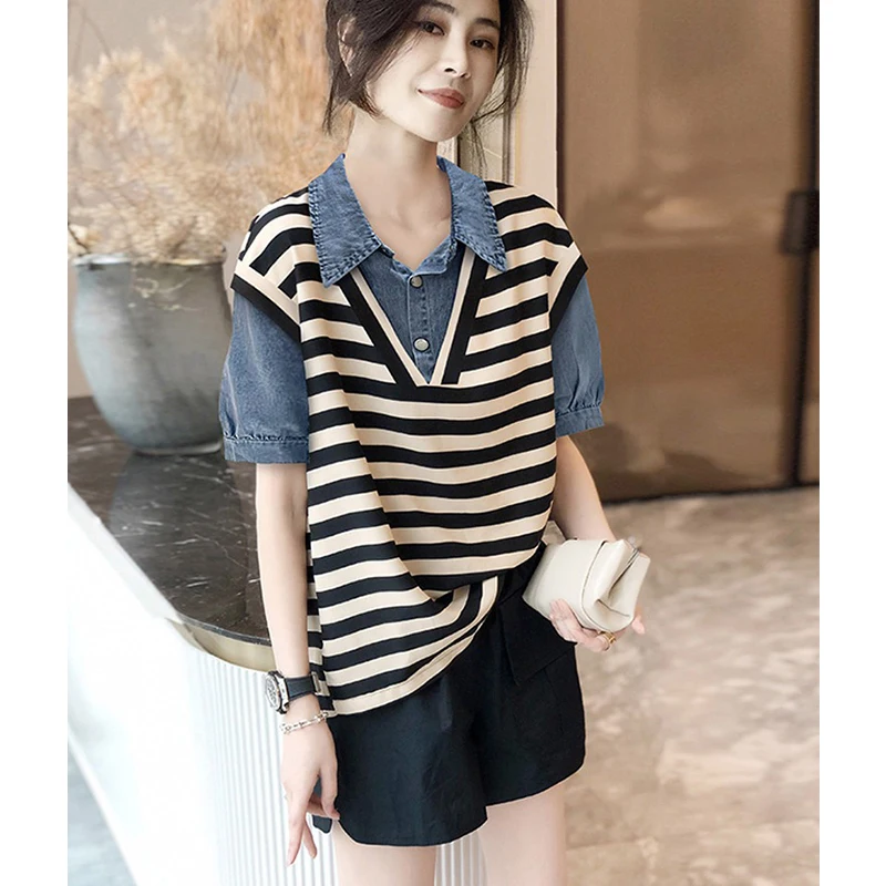 تي شيرت نسائي صيفي مرقع من قماش الدنيم بتصميم فريد من نوعه من Sli ort Sve Top Ele Quali عصري صغير irt