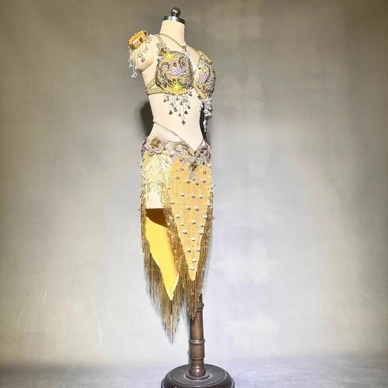 Belly Dancer Costumes High End Customized Luxury AB Stones Bra+Sexy Tassel Skirt 2pcs Adult Competition Performance Outfit