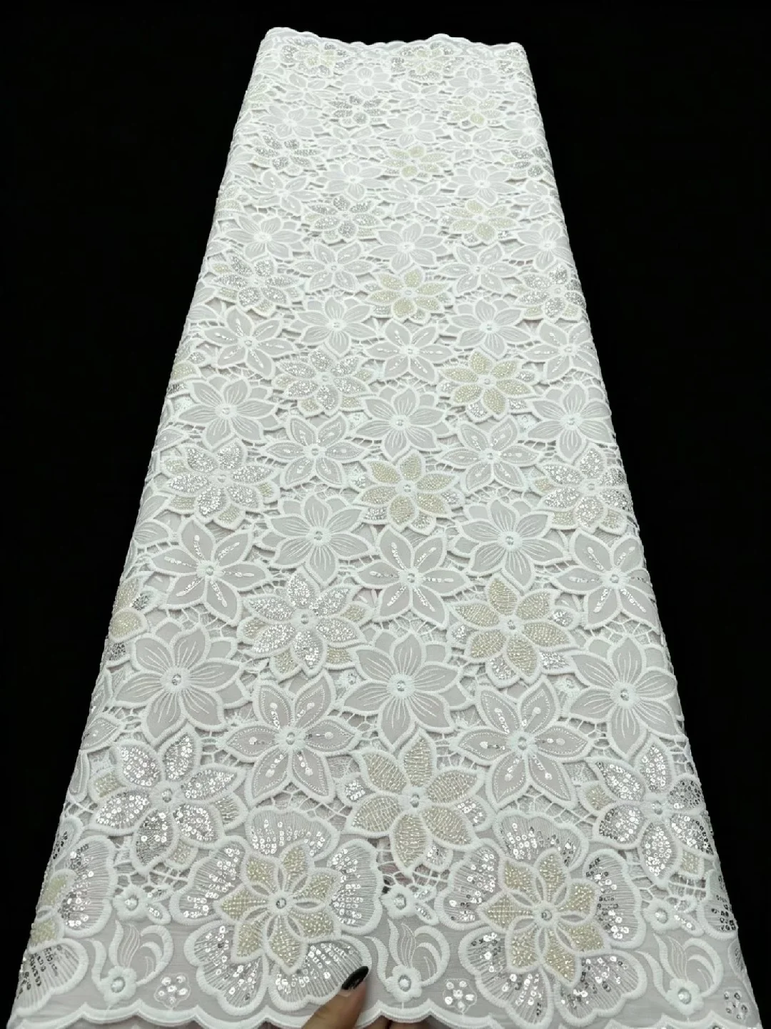 African Sequence Cord Lace Fabrics Tulle Lace Latest Lace Fabric High Quality 2026 White Guipure Cord Lace Embroidery For Sewing