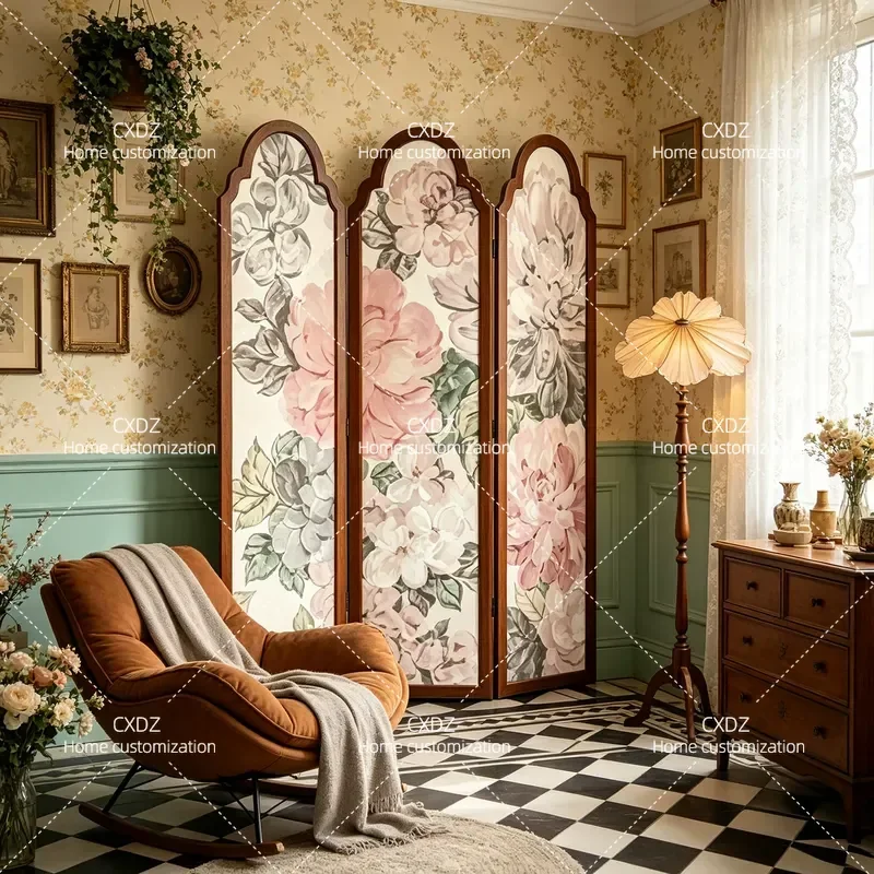 French Retro Flower Arched Screen Living Room Entrance Bedroom Partition Nanyang Medieval Solid Wood Folding Decorative