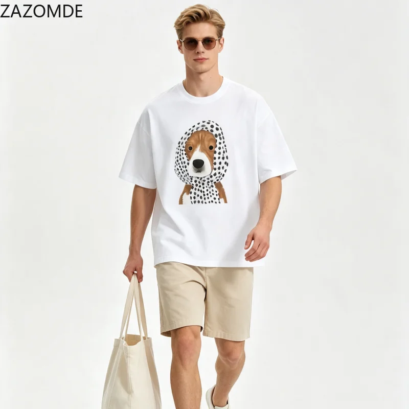 ZAZOMDE Relaxed Lounge Oversized Dog Print T-Shirt Men Women Soft Cotton Polka Dot Puppy Short Sleeve Casual Top 2026 New