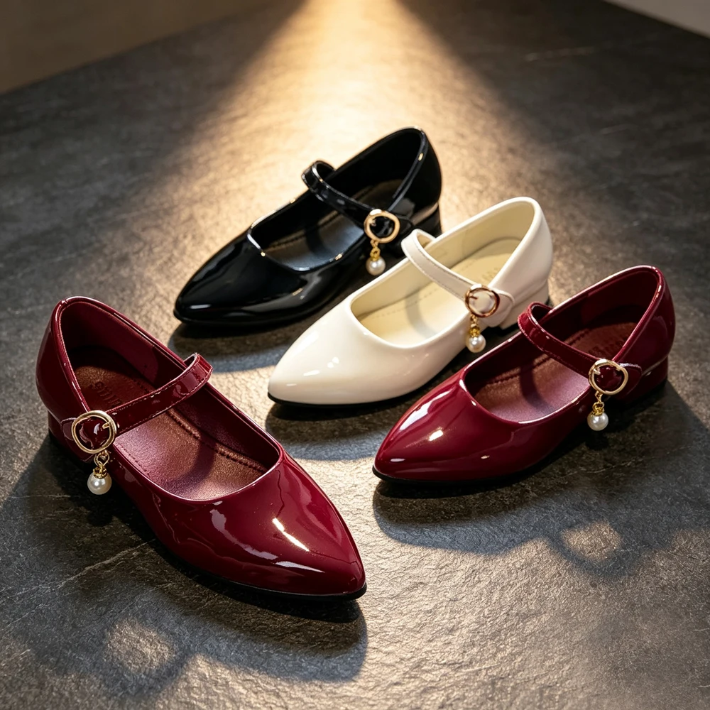 Elegant Girls Patent Leather Mary Jane Shoes Pointed Toe Black Beige Burgundy Formal Dress Shoes for Wedding Flower Girl Party