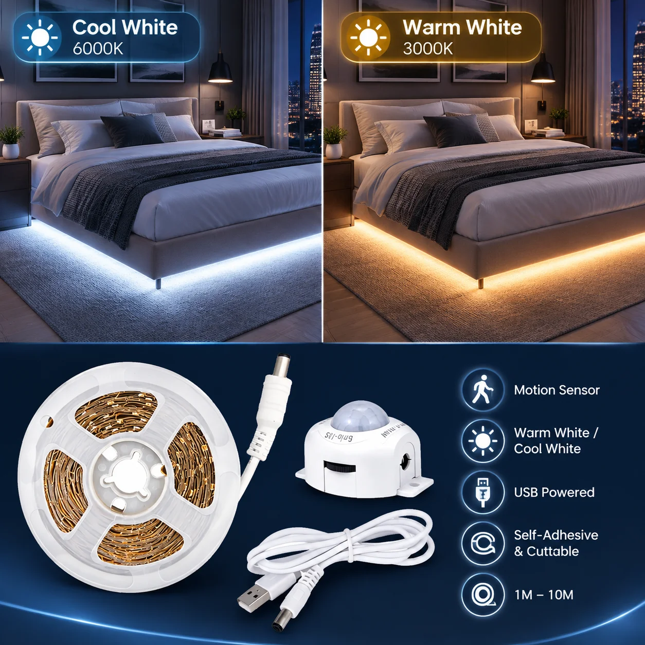 Motion Sensor LED Light Strip, USB Powered, 1-10M, Cuttable Self Adhesive, for Wardrobe Stairs Cabinet, Christmas Gift