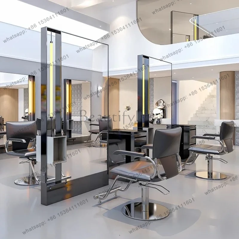 88.Barber shop light luxury hairdressing shop hair cutting floor mirror single and double sided with light strip cabinet mirror