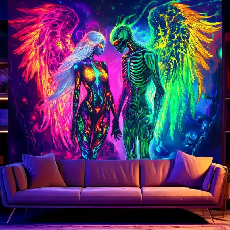 VIKAMA Psychedelic Wing Skeleton Lady Wall Tapestry Trippy Neon Rainbow Hippie Art Dark Teen Room Hanging Cloth Decor