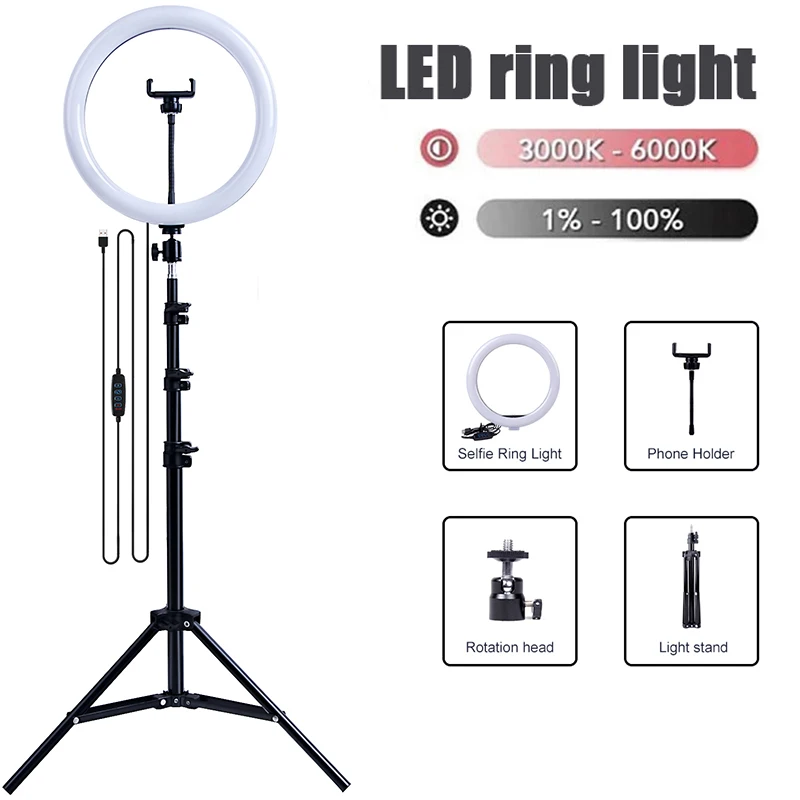 26/33cm LED Selfie Ring Light Lamp With Tripod Stand Phone Clip for YouTube Tiktok Video Live Lighting Photo Photography Studio