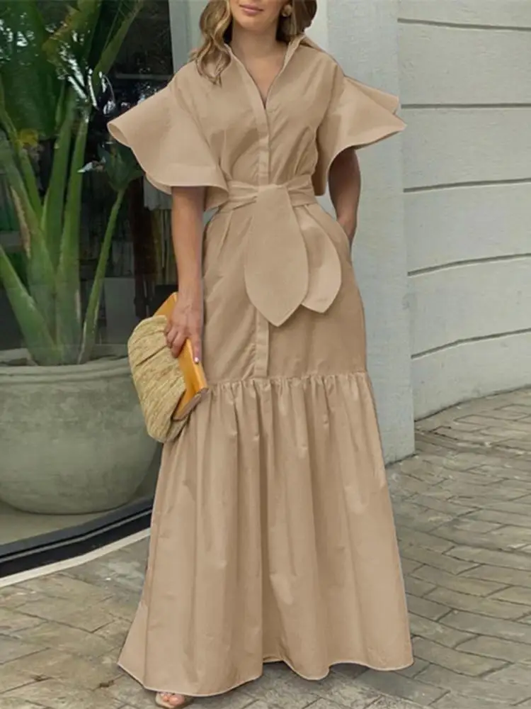 VONDA Summer Vestidos Women Short Sleeve Ruffled Tunic Dress Ladies Solid Robe Spring Casual Lapel Collar Button Up Sundress