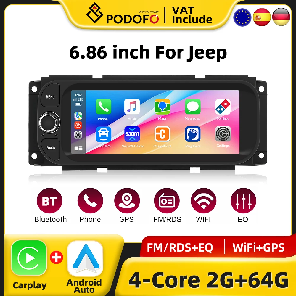 Podofo CarPlay Android Radio pour Jeep Chrysler 300M Dodge 2002-2005 lecteur multimédia de voiture 2din GPS stéréo RDS système Intelligent