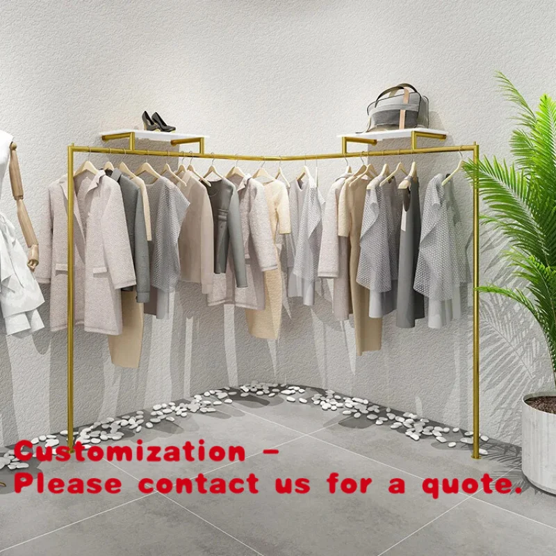 custom.Retail Metal Cloth Women Garment Store Clothes Stand Boutique Shiny Gold Stainless Steel Clothing Wall Mounted Rack