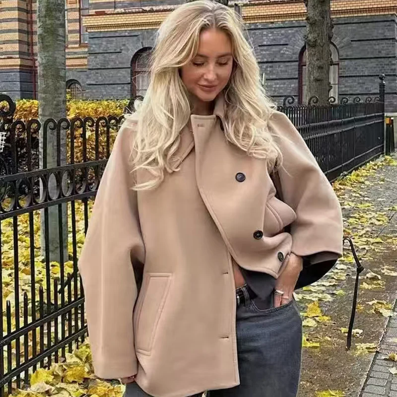 HXAO Loose Tweed Coat Women\'s Bomber Jacket Green Black Khaki Caot Button Up Oversize Long Sleeve Top Fashion Casual Outerwears