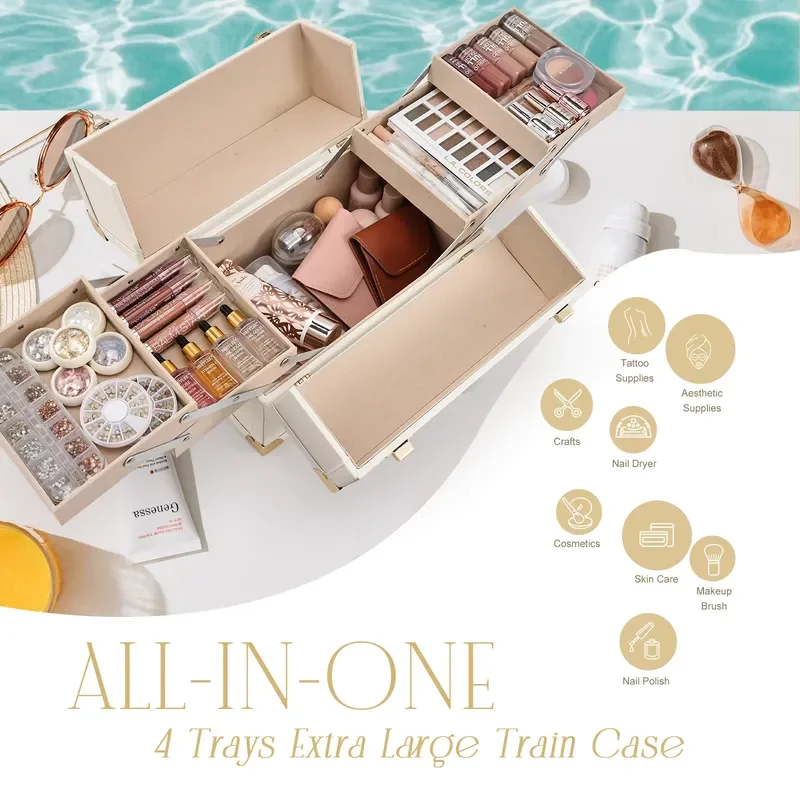 Large Leather Cosmetic Case Travel Makeup Organizer Box with 4 Tray Compartments for Women Nail Art Jewelry Storage Portable