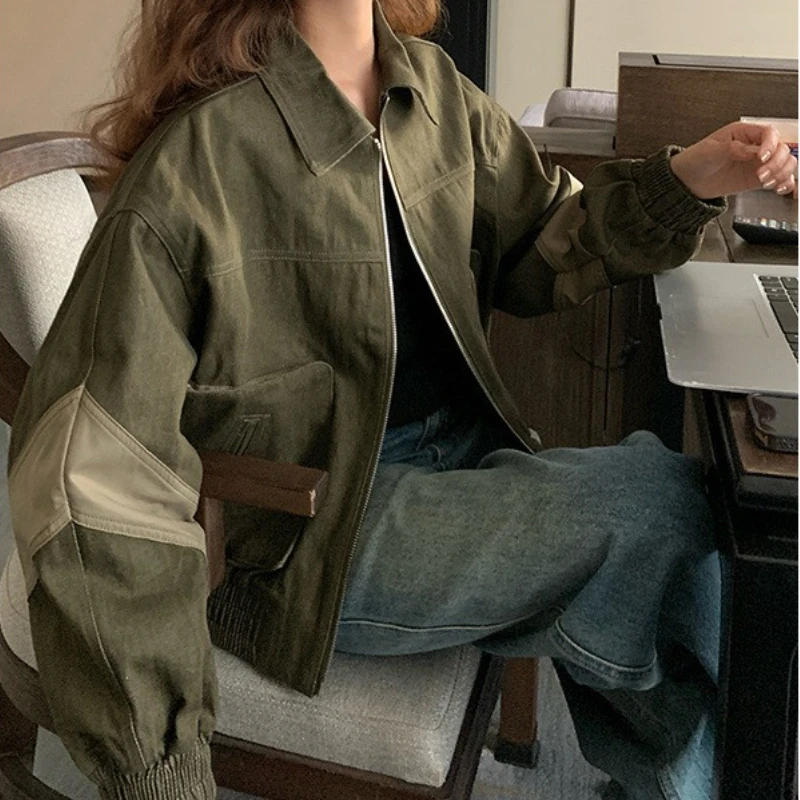 

Coat Women Zipper Short Coats Turn Down Collar Y2k Streetwear Jackets Work Casual Loose Elegant Splice Jacket 2025 Autumn
