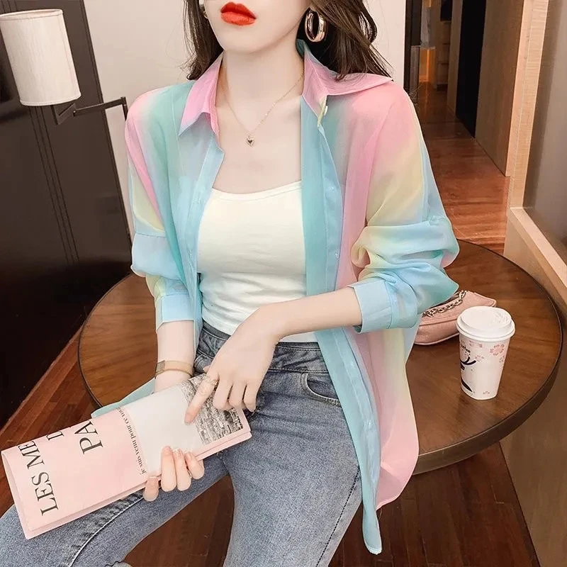 

Colorful Sun-Protective Clothing Women Color-Matching Shirt Chiffon Sun-Protective Clothing 2024 New Summer Loose Chiffon Shirt