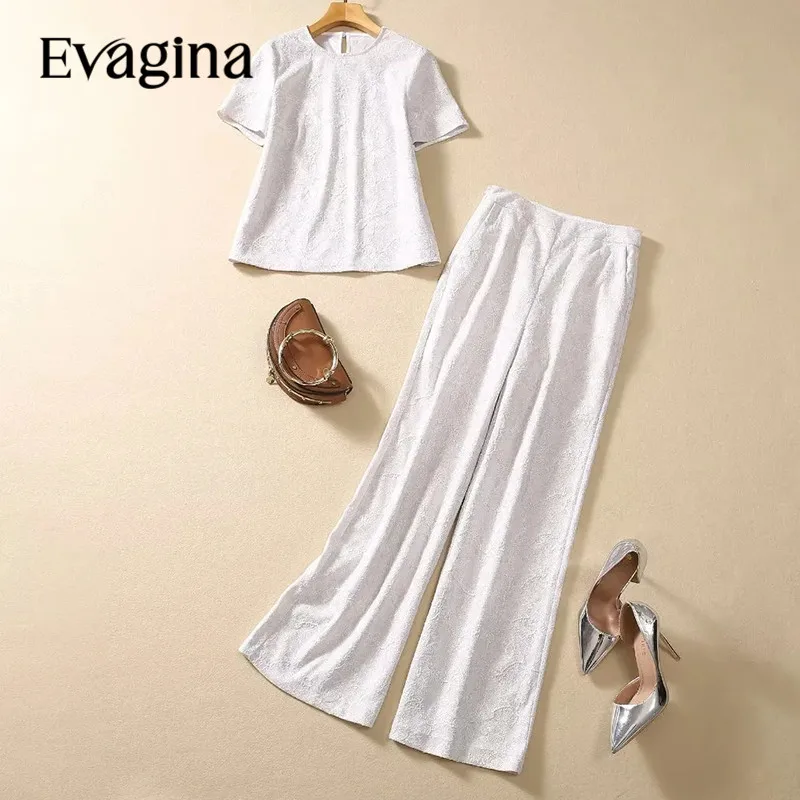 

Evagina Fashion Women's 2024 Spring New Elegant Jacquard Lace Short-Sleeved T-Shirt Top+High-Waisted Wide Leg Pants 2-Piece Set