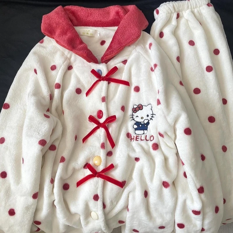 

Коралловые бархатные пижамы Hello Kitty в стиле принцессы для девочек с хорошими утепленными мягкими теплыми милыми и милыми комплектами домашней одежды