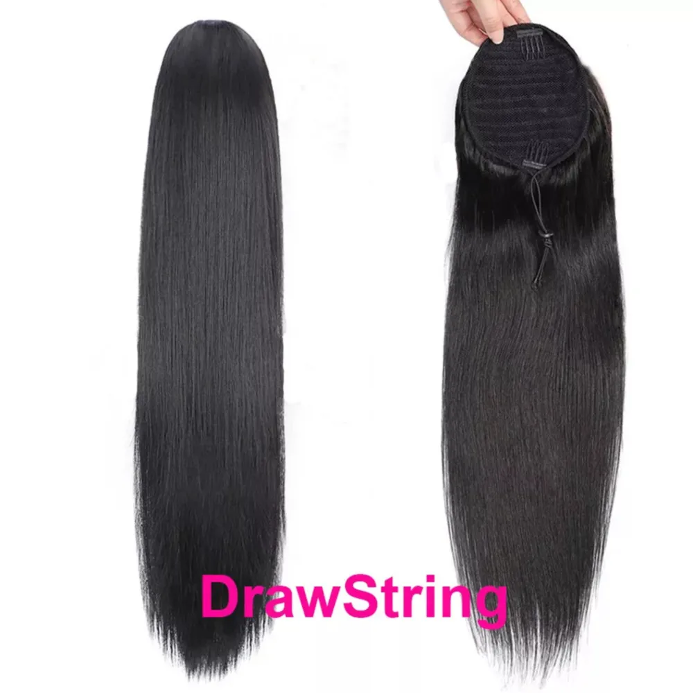 Straight Drawstring Ponytail Extensões para Mulheres, 100% Cabelo Humano, Ponytails Envoltório Clip, Natural Preto, 14-26 in, # 1B