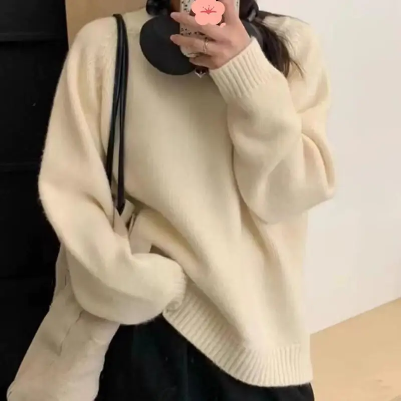 

Женский пуловер с круглым вырезом, осень и зима, универсальный, толстый и простой базовый вязаный свитер японского карамельного цвета.