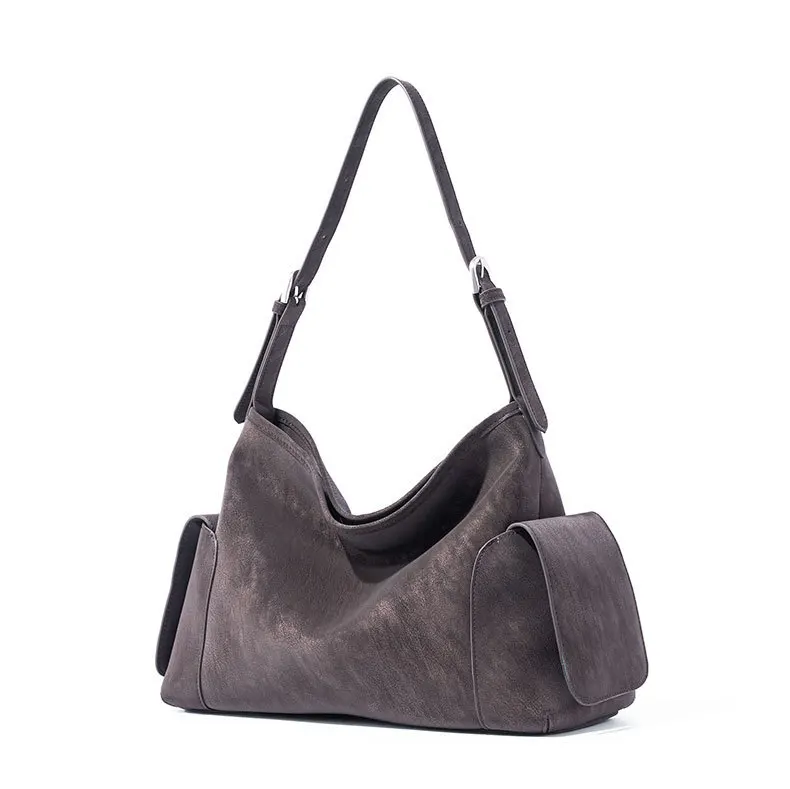 Women's Vintage Genuine Leather Shoulder Bag Pearlescent Vegetable Tanned Cowhide Underarm Handbag with Adjustable Strap