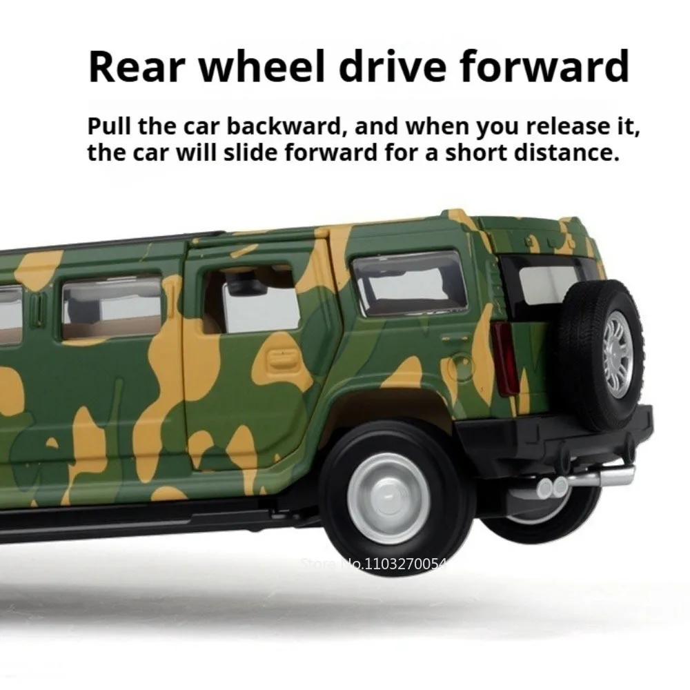 1:32 H2 Alloy Diecast Model Toys Car Extended Version Military Vehicle Sound Ligth Pull Back Doors Opened Cars for Childrens Toy