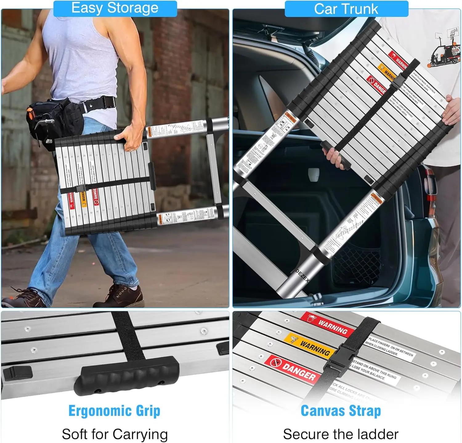 15.5 FT Ladders Stainless Steel - One-Button Retraction Collapsible Extension Ladder for Home,RV,Loft, Lasts 375 LBS with 2 Tria