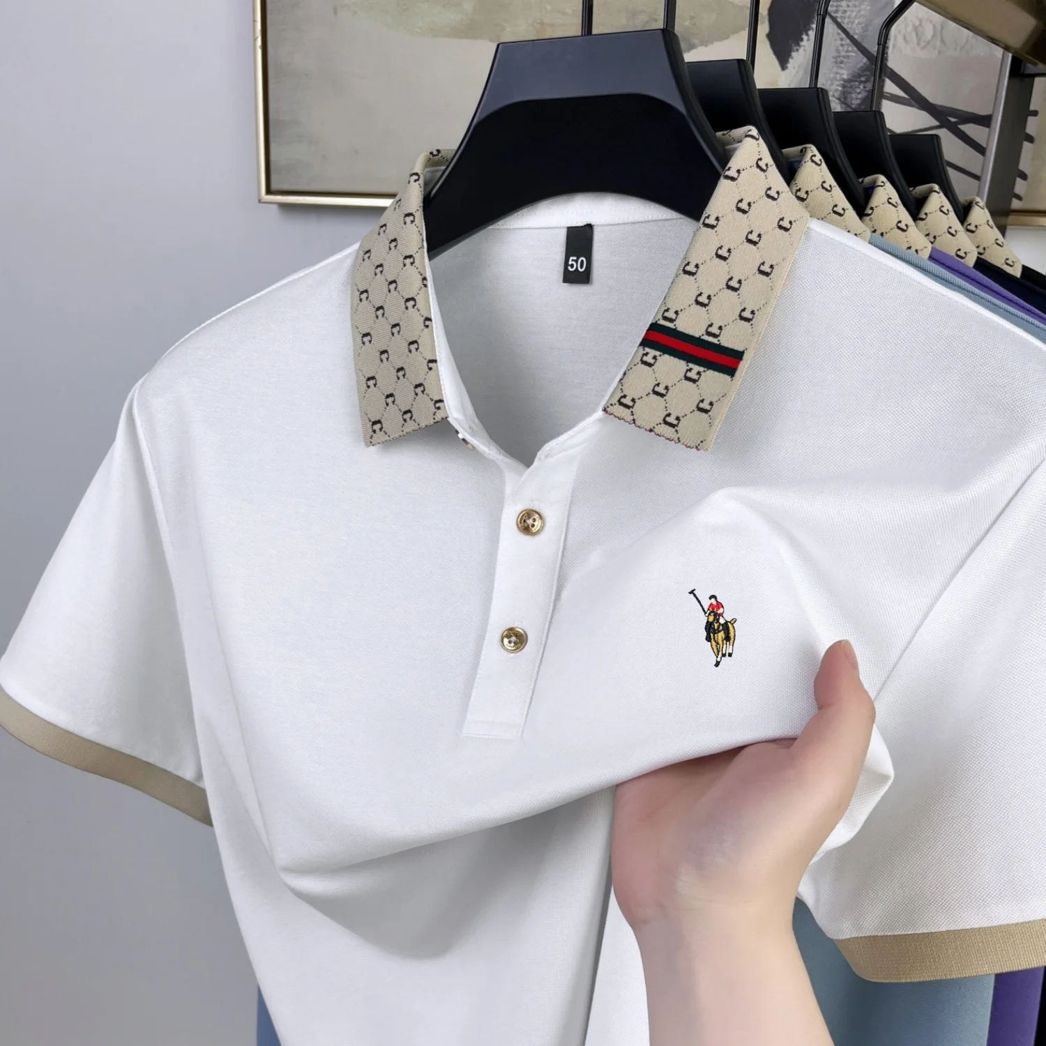 Polo Shirt Equestrian - 2026年高品質ホットアイスシルク通気性半袖ポロシャツ馬術刺繍入り夏用快適メンズ上着