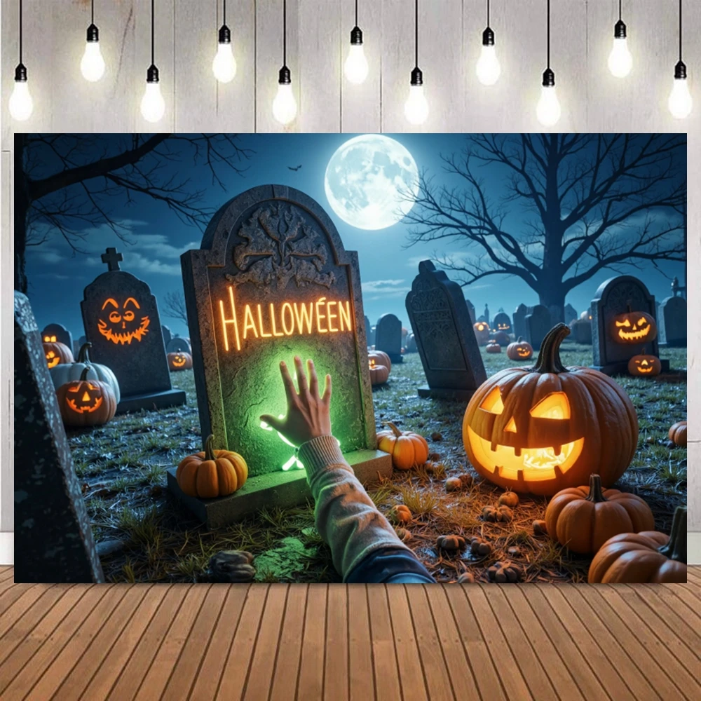 Halloween Photo Background Magic Zombie Hand Cemetery Pumpkin Lantern Full Moon Horror Theme Party Decor Photography Backdrop