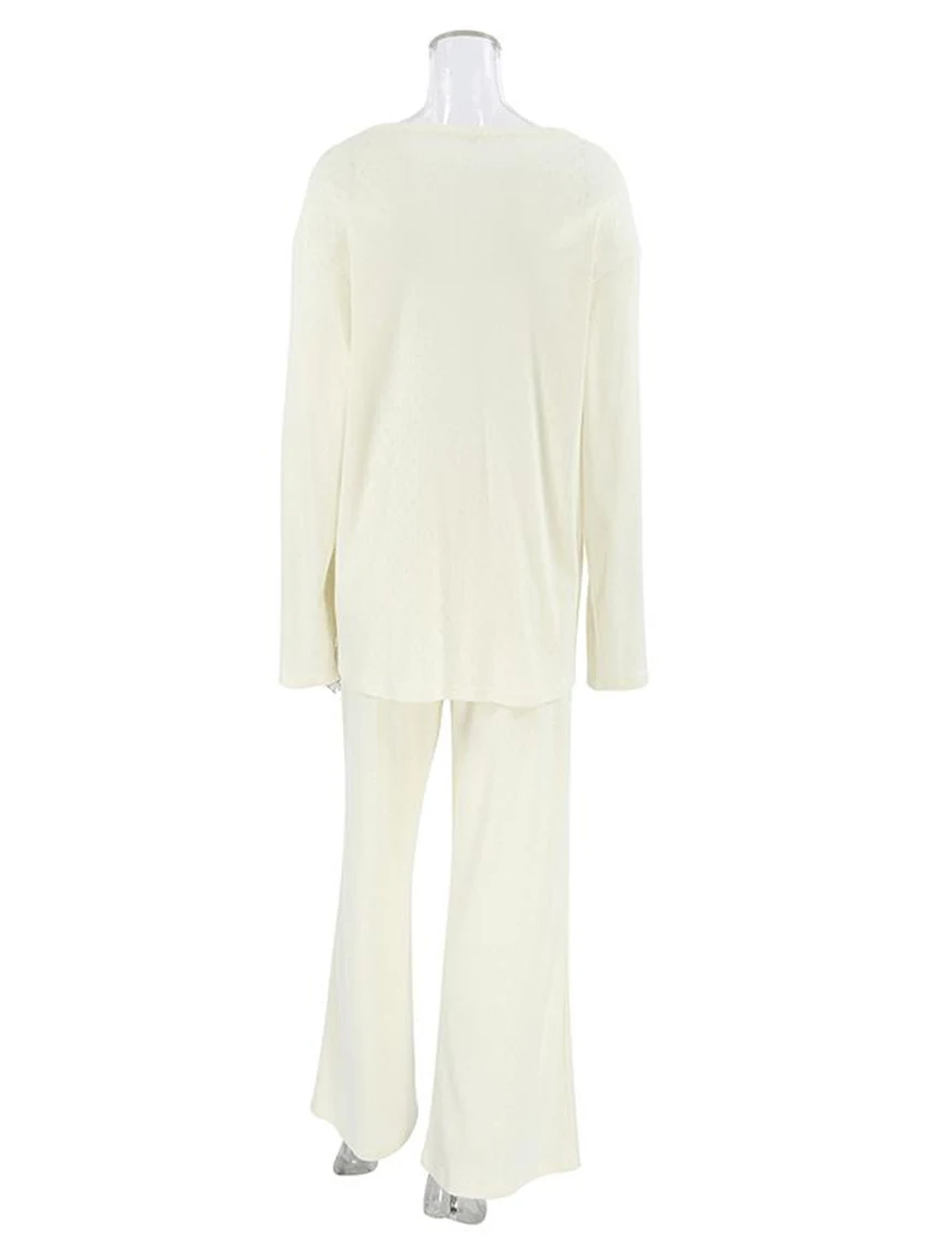 Marthaqiqi Knitted Women'S Nightwear Suit Long Sleeve Nightgowns O-Neck Pajamas Pants Casual Autumn Ladies Sleepwear 2 Piece Set