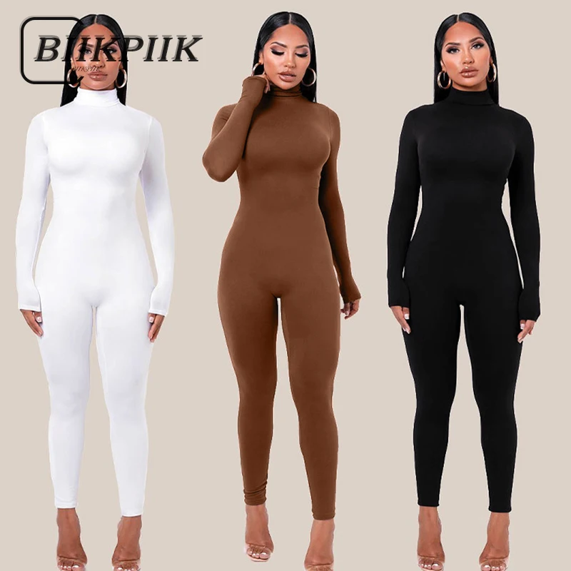 

BIIKPIIK Skinny Women Jumpsuits Sporty Fitness Turtleneck Long Sleeve Rompers Jogging Gym Tracksuits Casual Concise Overall Sexy