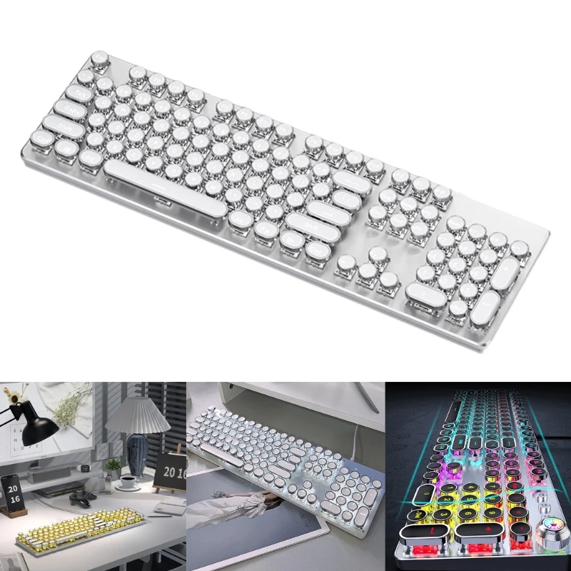 

Vintage Typewriter Mechanical Gaming Keyboard with Rainbow Backlit, 104 Keys Corded Media Control Game Keypad White