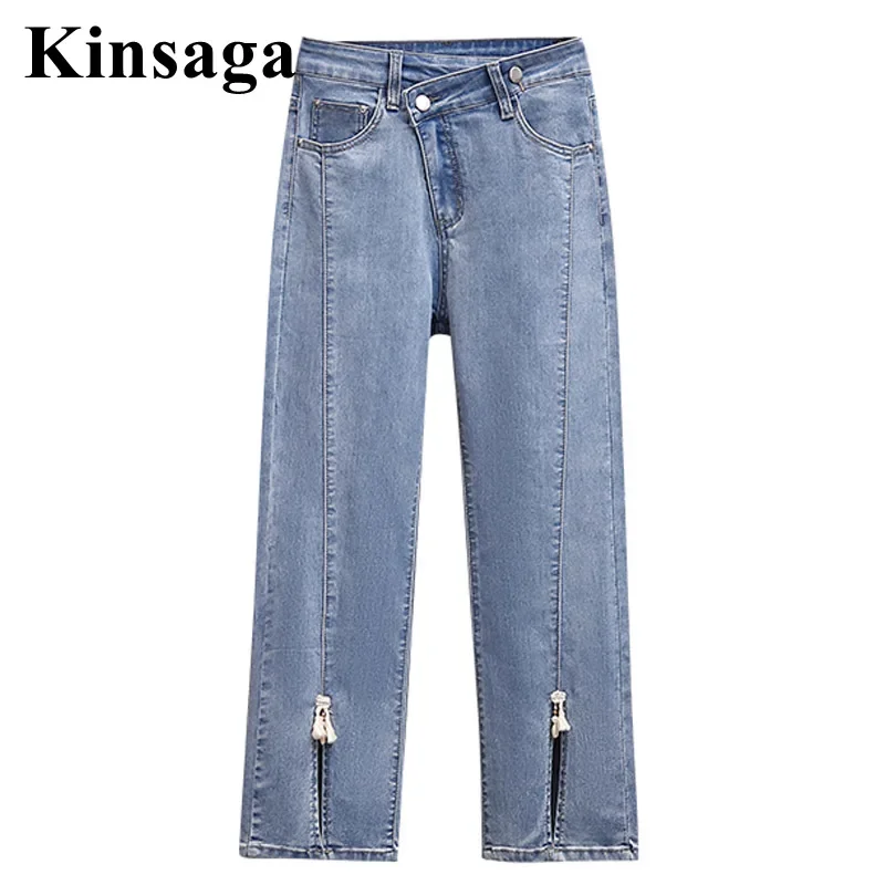 

Women Asymmetric High Waist Super Stretchy Breeches 4XL Summer Ripped Split Hem Straight Leg Cropped Jeans Denim Capris Joggers