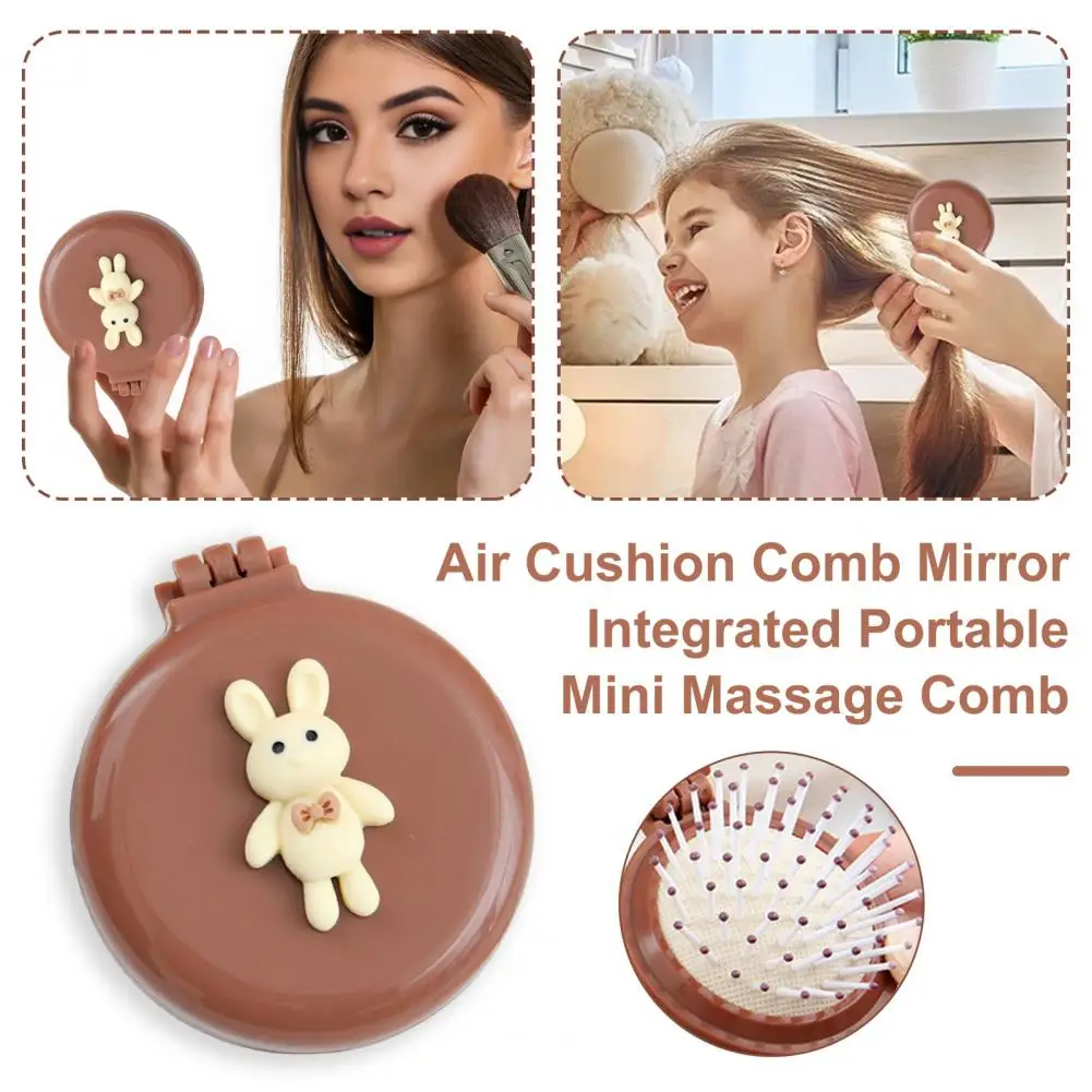 Foldable Hair Brush with Mirror Soft Bristles Scalp Massage Cartoon Bowknot Bunny Hair Detangling Comb Hairdressing Tools