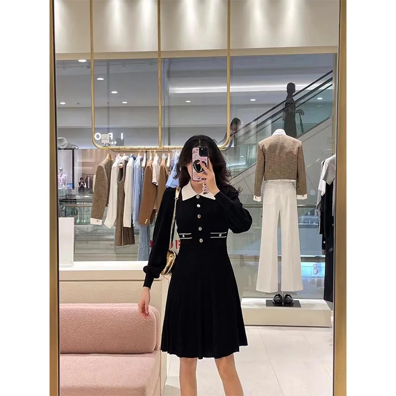 Lantern Sleeve A-Line Pleated Knitted Women's Dress S French New Contrast Turn-Down Collar High Waist Short Robe Skirt