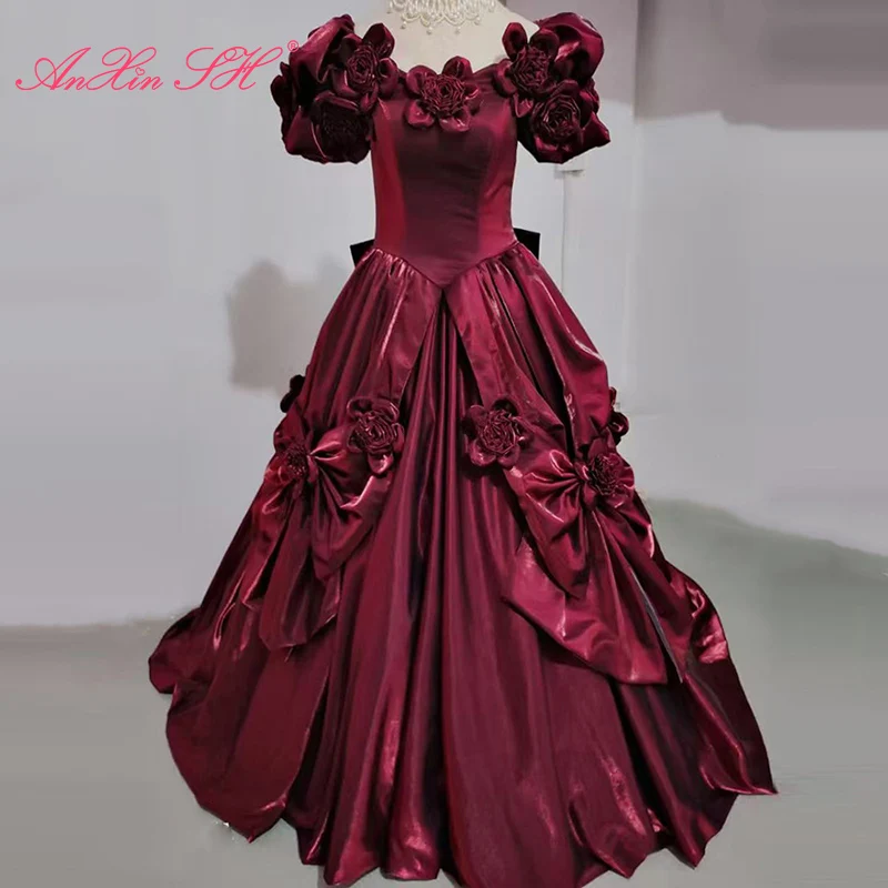 

AnXin SH vintage flower satin princess boat neck short puff sleeve big bow party lace up ball gown customized wedding dress
