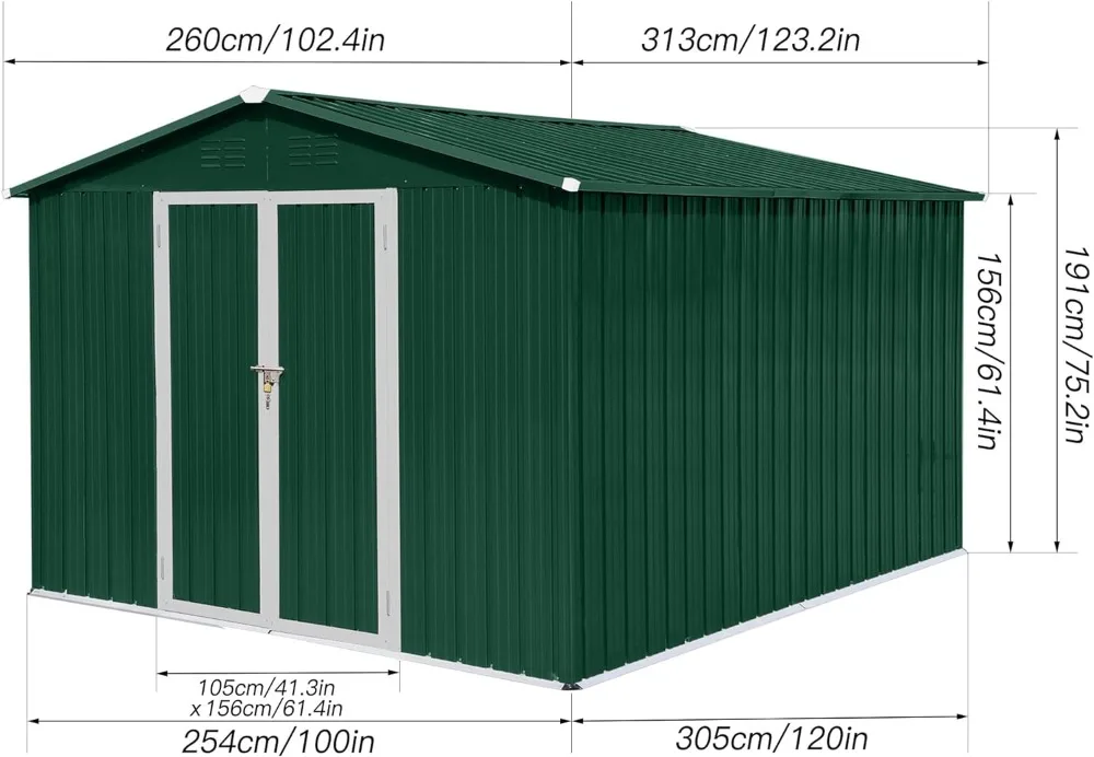 10x8 FT Outdoor Storage Shed, Large Metal Garden Shed with Pitched Roof Vents, Weatherproof Galvanized Steel Tool House