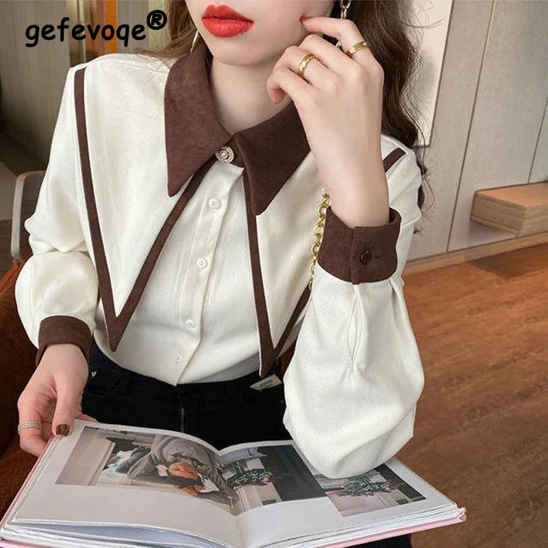 

New Women Trendy Vintage Contrast Color Pointed Collar Designer Shirts Korean Elegant Chic Blouses Long Sleeve Loose Tops Blusas