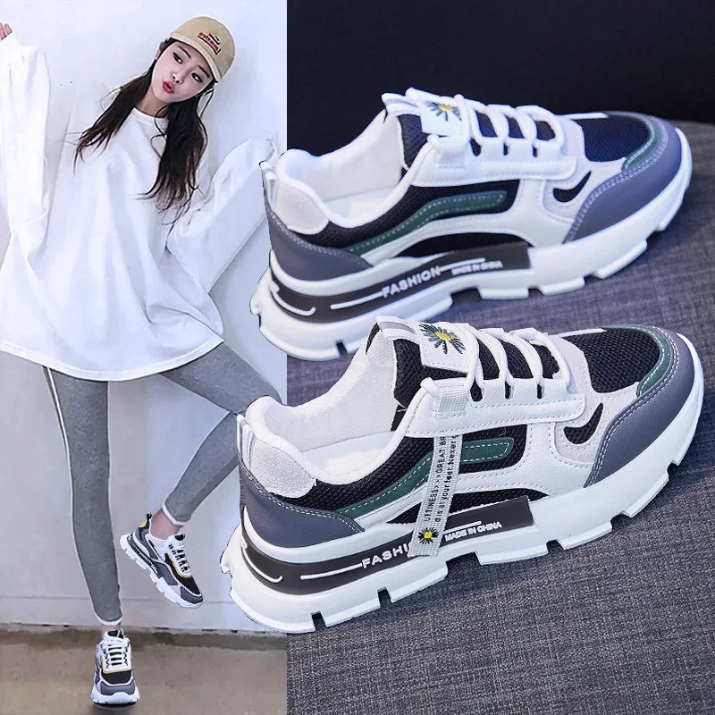 Sepatu Platform wanita, sepatu Platform kasual warna campur, sneaker Chunky gaya Korea musim gugur untuk wanita