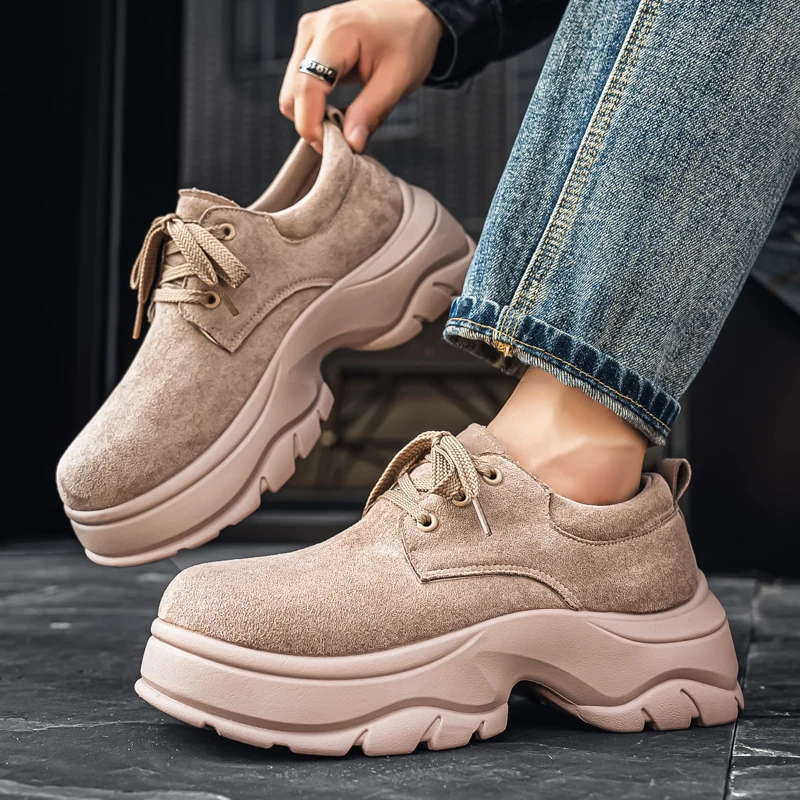 

New Thick-soled Derby Matte British Style Platform Loafers Versatile Round Head Heightening Muffin Dad Shoes Men Leather Shoes