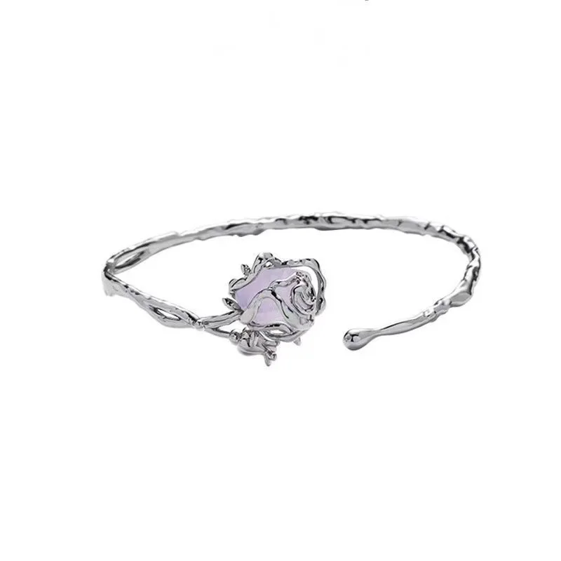 Personality Hollowed-Out Purple Rose Flower Open Mouth Bracelet for Women Fashion Simple Metal Bangle Egirl Party Jewelry GIfts