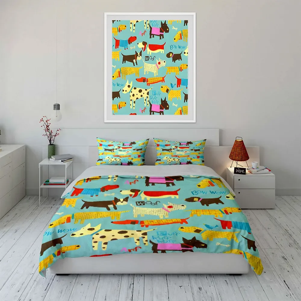 Colorful Dog Pattern Decoration Set Multiple sizes kid's and adults' bedroom Exquisite 3PC bedding set, gift
