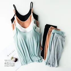 Japanese style 2024new thread set female beauty back without steel ring bra-t one with chest pad camisole shorts bottoming shir