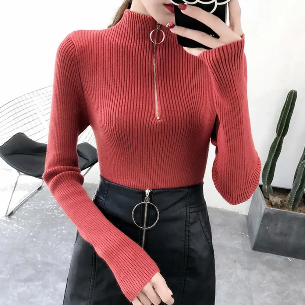 Herbst Winter Frauen Pullover halben Roll kragen pullover Langarm Reiß verschluss Ausschnitt Strick pullover Pullover weibliche schlanke Strickkleid ung