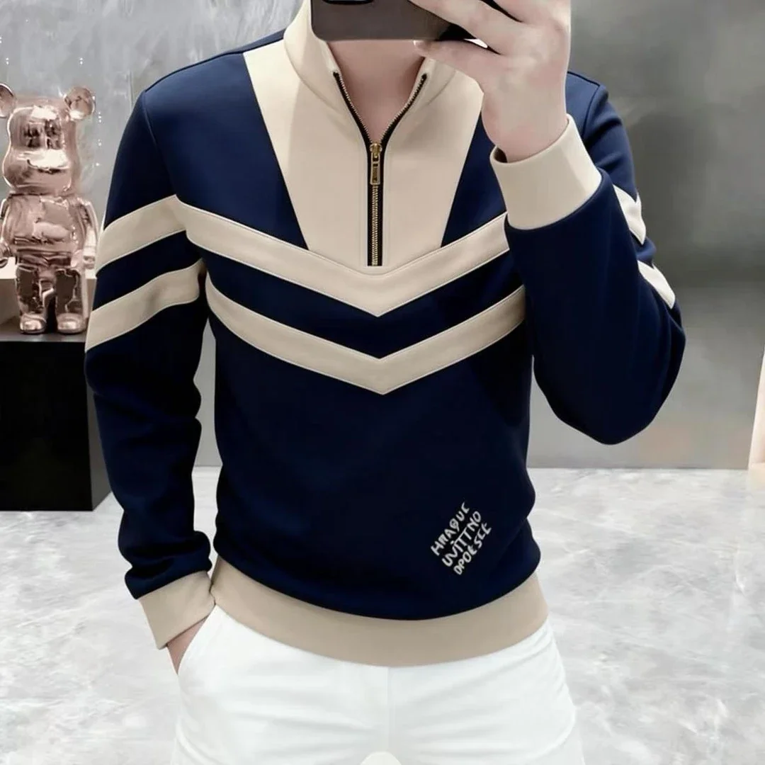 2026 Spring Luxury Stand Collar Sweatshirts Men's Trendy Splicing Hoodie Comfortable Versatile Casual Sweatshirts Men Clothing