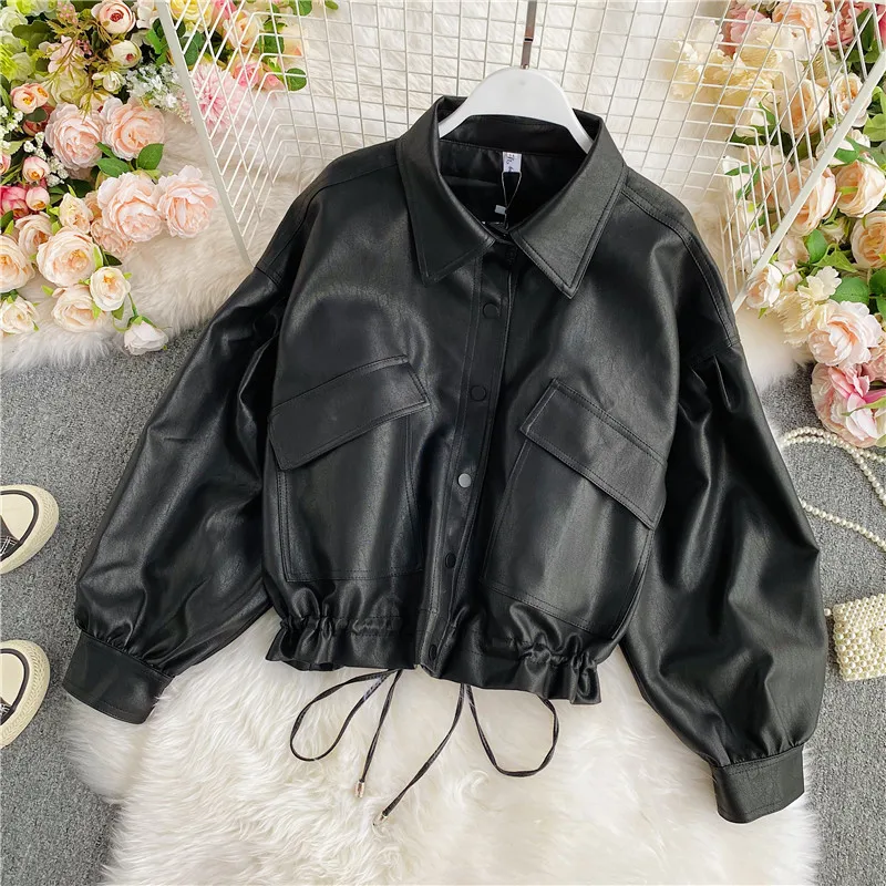 

Vintage Leather Coat Women 2023New Loose Black Pu Jacket Female Single Breasted Punk Short Faux Leather Overcoat Lady Coat