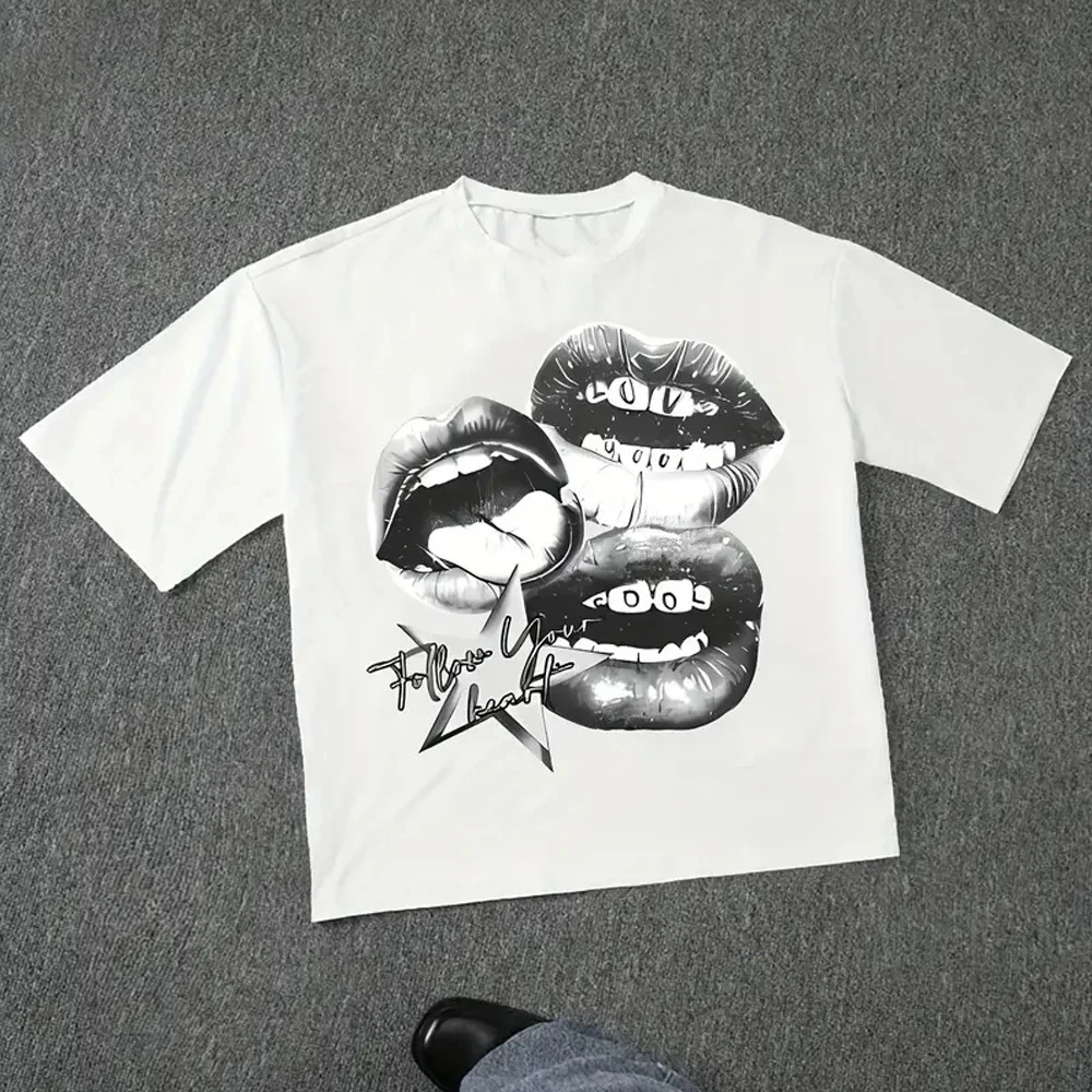 Y2K Harajuku Lip Letter Crew Neck T-Shirt Vintage Street Short Sleeve Trendy Tops For Men Women