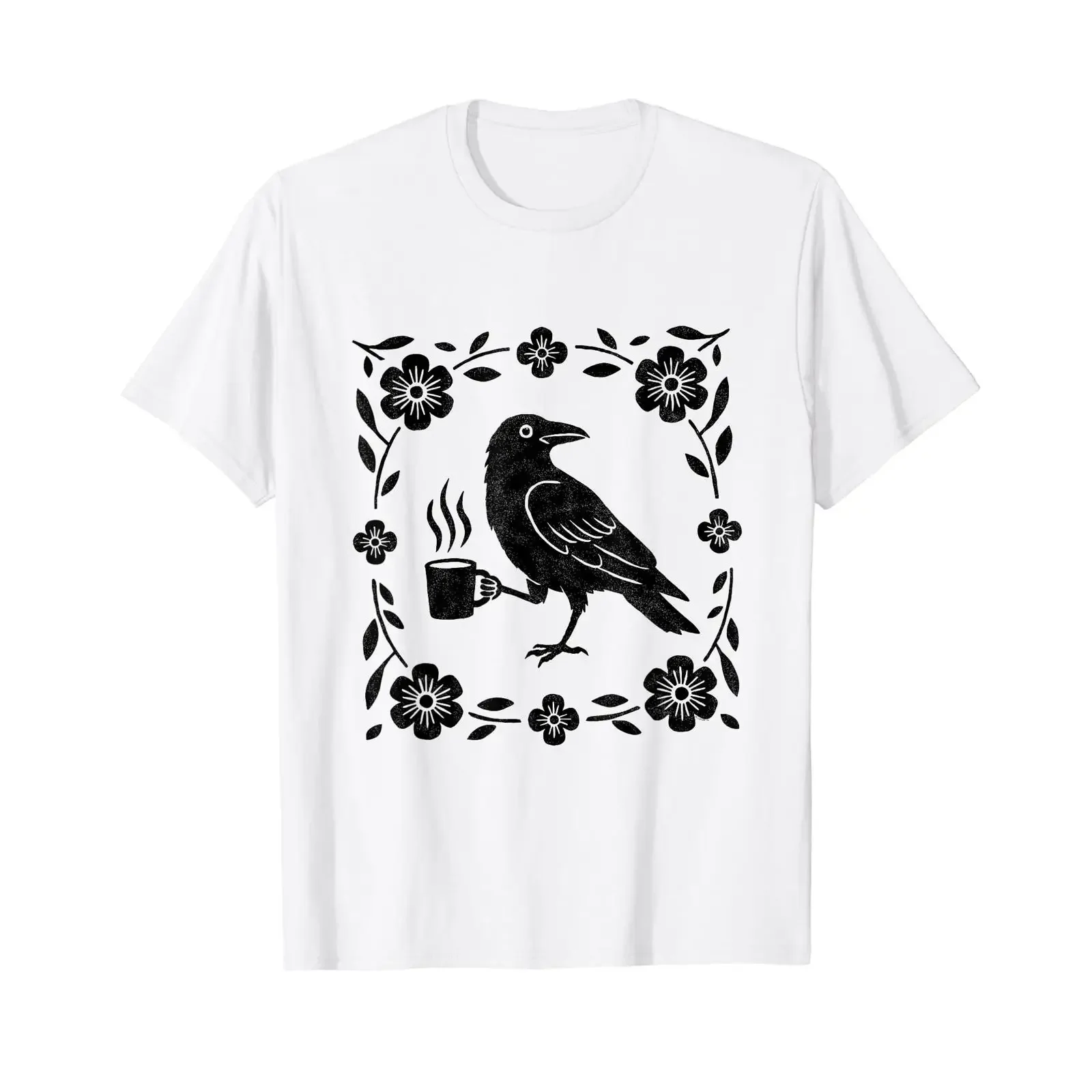Raven with coffee cup linocut flowers crow graphic inexpensive T shirt vintage Washed Stretched fashion homme